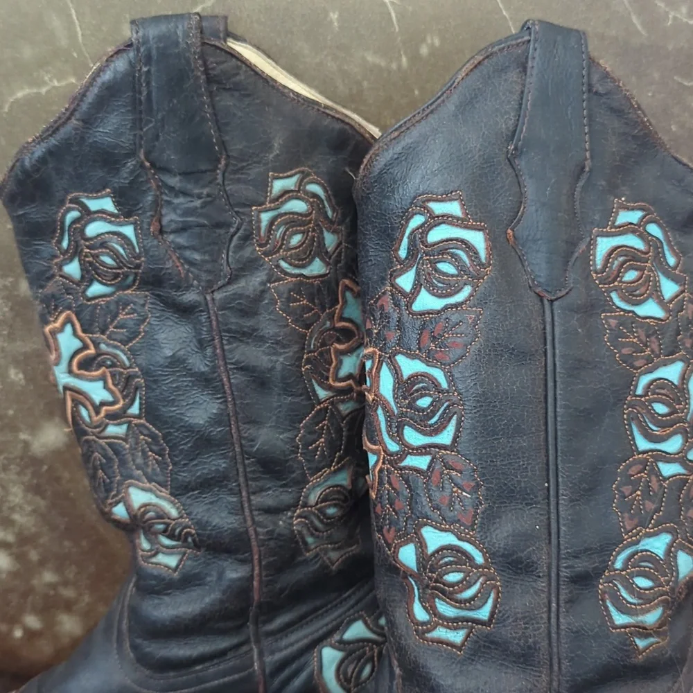 CORRAL R2482 Espresso brown & turquoise inlay crosses & roses cowgirl boots sz 7 - Picture 10 of 16